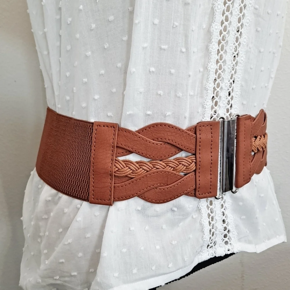 Brown Stretch Wide Waist Belt Boho Western Faux Leather Braided Statement